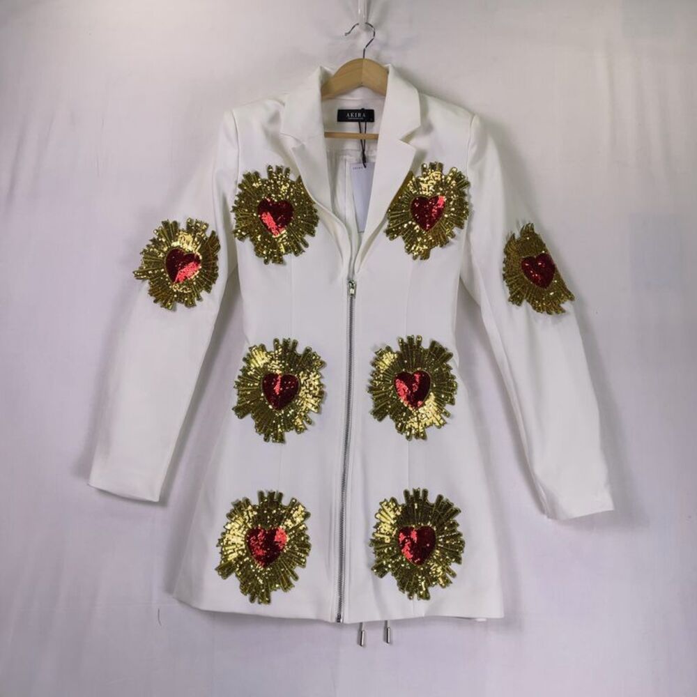AKIRA White Mini Dress Jacket with Gold Sequin Sunbursts and Red Heart Accents